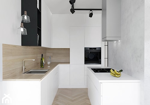 Projekt mieszkania - Średnia otwarta biała szara z zabudowaną lodówką z podblatowym zlewozmywakiem kuchnia w kształcie litery u, styl skandynawski - zdjęcie od BRight Studio
