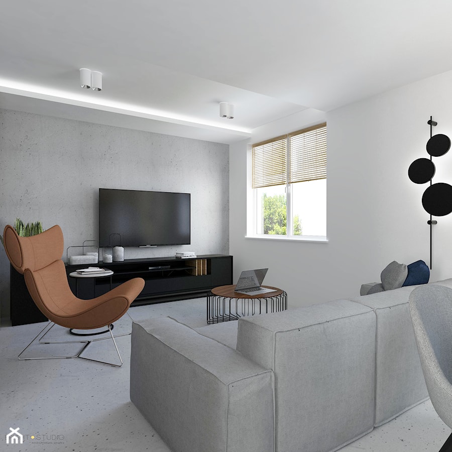 Projekt mieszkania w stylu Loftowym - Średni biały salon z jadalnią, styl industrialny - zdjęcie od BRight Studio