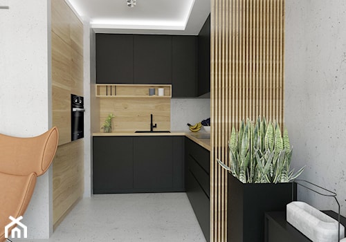 Projekt mieszkania w stylu Loftowym - Średnia otwarta z salonem szara z zabudowaną lodówką z nablatowym zlewozmywakiem kuchnia w kształcie litery u, styl industrialny - zdjęcie od BRight Studio
