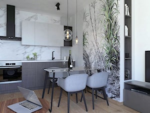 projekt mieszkania - Mała otwarta biała z zabudowaną lodówką z nablatowym zlewozmywakiem kuchnia jednorzędowa z wyspą lub półwyspem z marmurem nad blatem kuchennym, styl nowoczesny - zdjęcie od BRight Studio