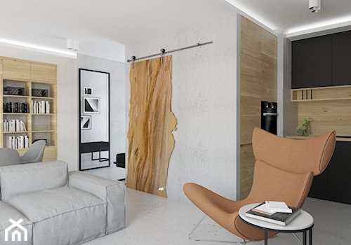 Projekt mieszkania w stylu Loftowym - Mały szary salon z kuchnią z jadalnią, styl industrialny - zdjęcie od BRight Studio