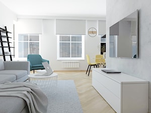 Projekt mieszkania - Mały biały salon z jadalnią z bibiloteczką, styl skandynawski - zdjęcie od BRight Studio