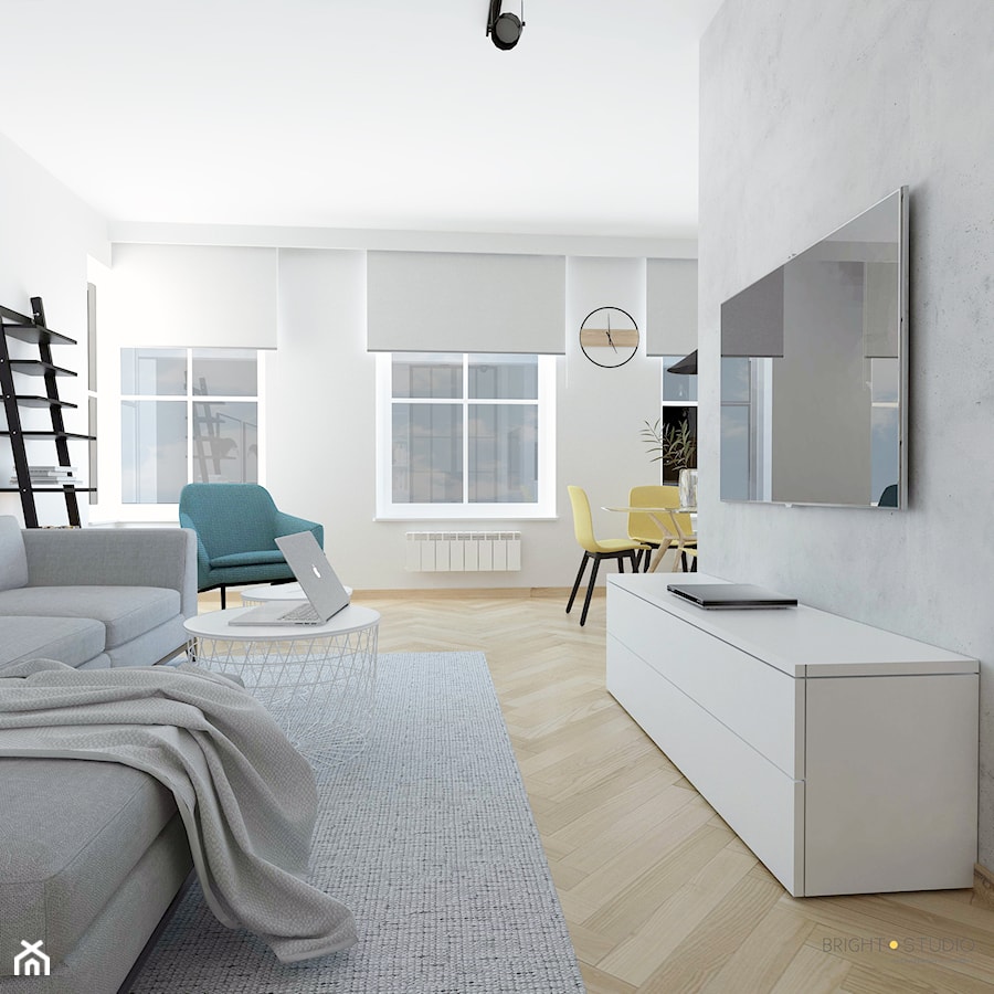 Projekt mieszkania - Mały biały salon z jadalnią z bibiloteczką, styl skandynawski - zdjęcie od BRight Studio