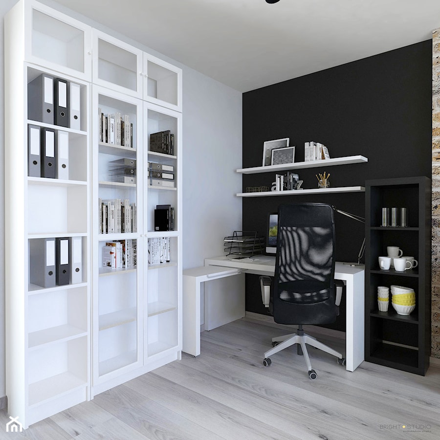 projekt biura - Małe z zabudowanym biurkiem białe czarne biuro, styl nowoczesny - zdjęcie od BRight Studio