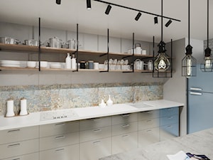 Projekt Salonu z kuchnią - Duża otwarta z salonem szara z zabudowaną lodówką z podblatowym zlewozmywakiem kuchnia jednorzędowa z wyspą lub półwyspem, styl nowoczesny - zdjęcie od BRight Studio