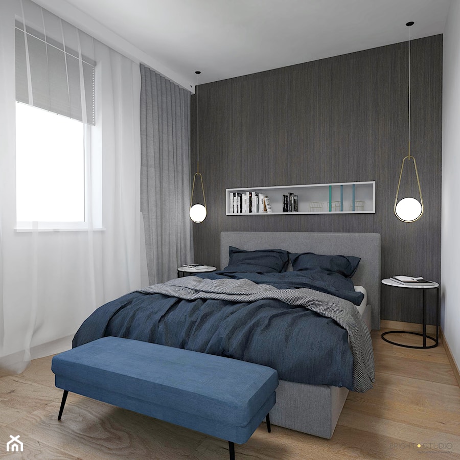 projekt mieszkania - Mała brązowa szara sypialnia, styl nowoczesny - zdjęcie od BRight Studio