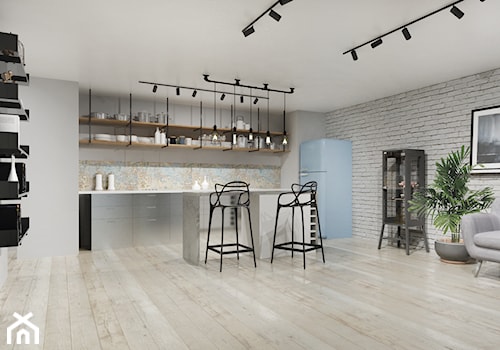 Projekt Salonu z kuchnią - Duży szary salon z kuchnią z jadalnią, styl nowoczesny - zdjęcie od BRight Studio