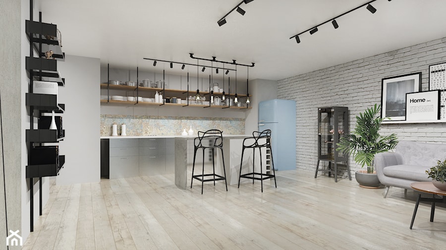 Projekt Salonu z kuchnią - Duży szary salon z kuchnią z jadalnią, styl nowoczesny - zdjęcie od BRight Studio