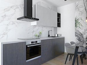 projekt mieszkania - Mała zamknięta z kamiennym blatem biała z zabudowaną lodówką z nablatowym zlewozmywakiem kuchnia jednorzędowa, styl nowoczesny - zdjęcie od BRight Studio