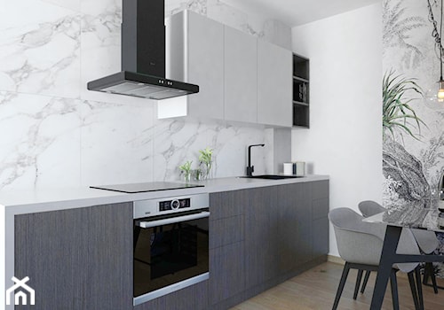 projekt mieszkania - Mała zamknięta z kamiennym blatem biała z zabudowaną lodówką z nablatowym zlewozmywakiem kuchnia jednorzędowa, styl nowoczesny - zdjęcie od BRight Studio