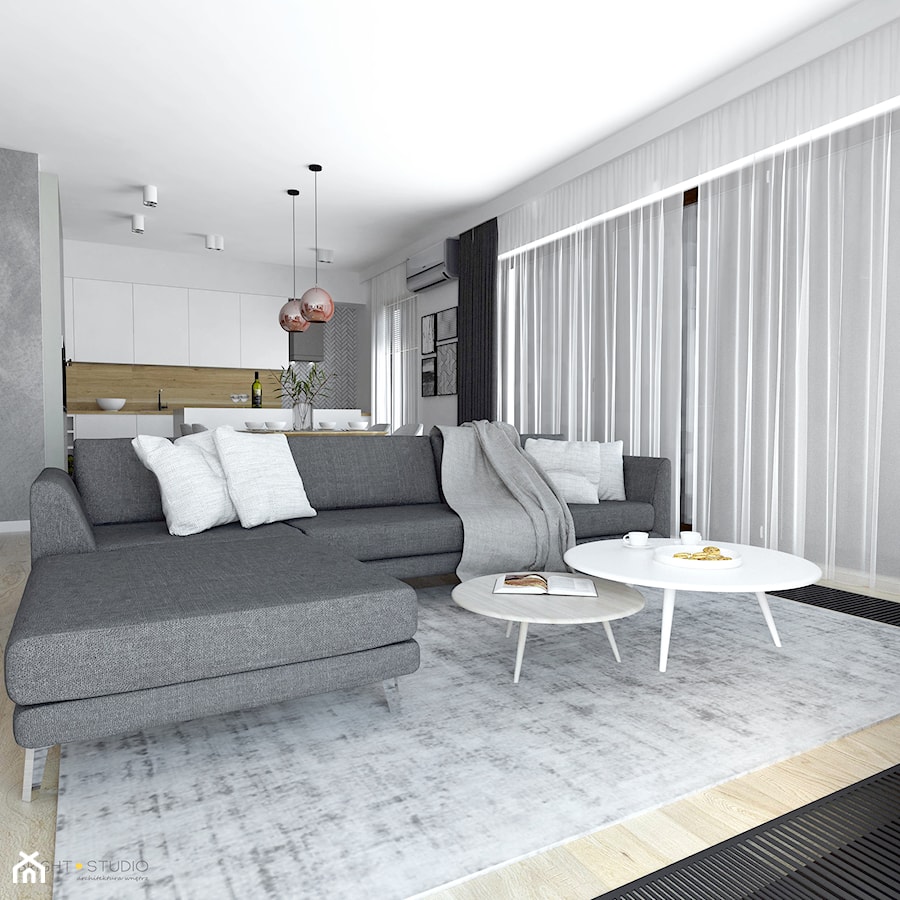 projekt mieszkania Czarodziejska - Średni biały salon z kuchnią z jadalnią, styl nowoczesny - zdjęcie od BRight Studio
