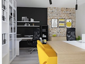projekt biura - Średnie w osobnym pomieszczeniu z zabudowanym biurkiem białe czarne biuro, styl nowoczesny - zdjęcie od BRight Studio