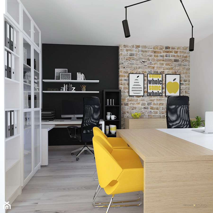 projekt biura - Średnie w osobnym pomieszczeniu z zabudowanym biurkiem białe czarne biuro, styl nowoczesny - zdjęcie od BRight Studio