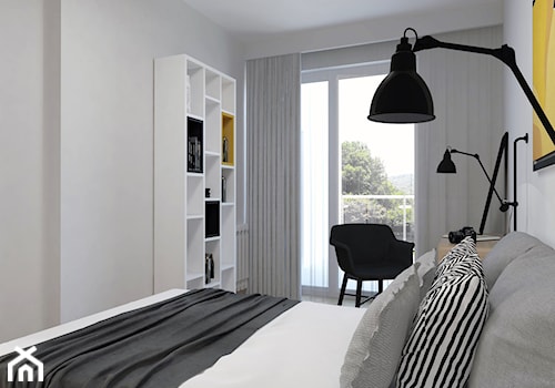 Projekt mieszkania - Średnia szara z biurkiem sypialnia z balkonem / tarasem, styl skandynawski - zdjęcie od BRight Studio