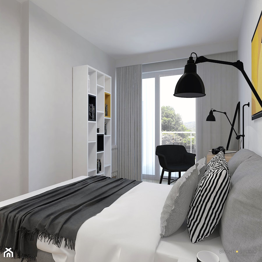 Projekt mieszkania - Średnia szara z biurkiem sypialnia z balkonem / tarasem, styl skandynawski - zdjęcie od BRight Studio