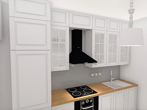 Mieszkanie w Rzeszowie IV - Mała otwarta z salonem biała szara z zabudowaną lodówką z nablatowym zlewozmywakiem kuchnia jednorzędowa z oknem, styl prowansalski - zdjęcie od MN Pracownia Projektowa