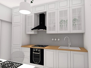 Mieszkanie w Rzeszowie IV - Mała otwarta zamknięta z salonem biała szara z zabudowaną lodówką z nablatowym zlewozmywakiem kuchnia jednorzędowa, styl prowansalski - zdjęcie od MN Pracownia Projektowa