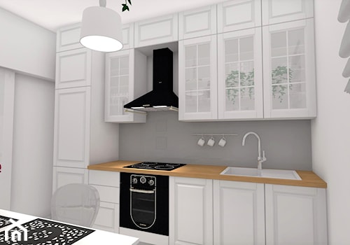 Mieszkanie w Rzeszowie IV - Mała otwarta zamknięta z salonem biała szara z zabudowaną lodówką z nablatowym zlewozmywakiem kuchnia jednorzędowa, styl prowansalski - zdjęcie od MN Pracownia Projektowa