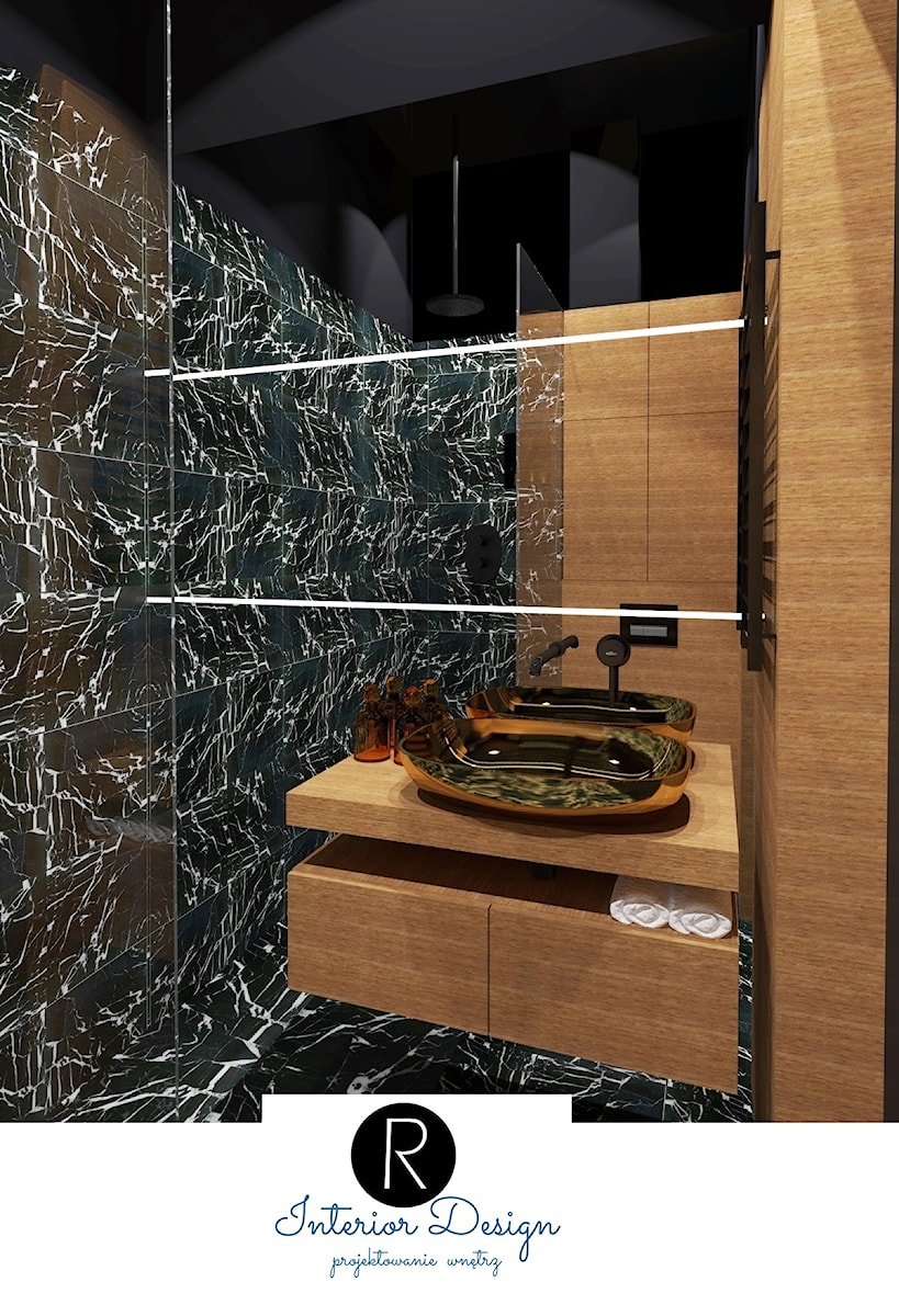 czarna łazienka, marmur i drewno - zdjęcie od KATARZYNA ROŻEK R-INTERIOR DESIGN projektowanie wnętrz