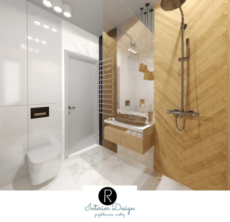 łazienka z prysznicem, drewno, calacatta, czerń i biel - zdjęcie od KATARZYNA ROŻEK R-INTERIOR DESIGN projektowanie wnętrz - Homebook