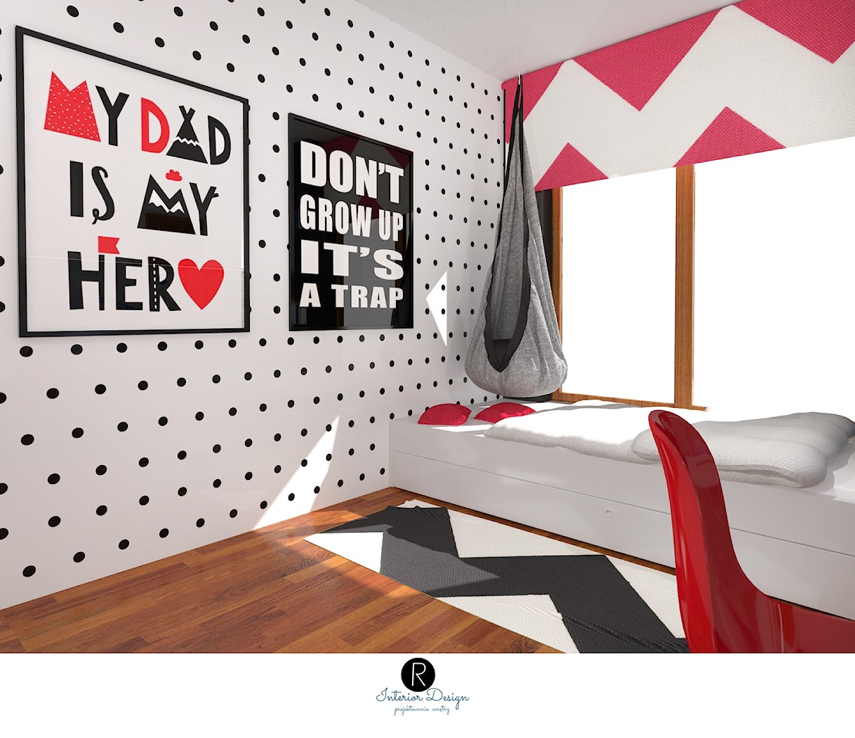 pokój nastolatki, pokój nastolatka, pokój w kropki z czerwonymi akcentami - zdjęcie od KATARZYNA ROŻEK R-INTERIOR DESIGN projektowanie wnętrz - Homebook