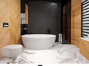 Duża, funkcjonalna łazienka z wanna wolnostojąca i prysznicem z deszczownicą. Połączenie materiałów: marmur carrara, calacatta, drewno, szkło. Zabudowa w łazience. Jodełka i czarny sufit w łazience. - zdjęcie od KATARZYNA ROŻEK R-INTERIOR DESIGN projektowanie wnętrz