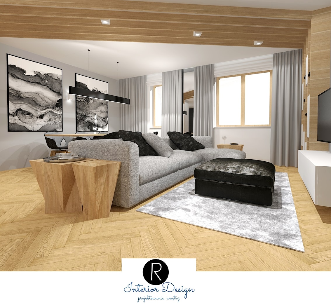 otwarty salon, drewno, czarne dodatki, drewno na suficie, zabudowa, minimalizm - zdjęcie od KATARZYNA ROŻEK R-INTERIOR DESIGN projektowanie wnętrz - Homebook