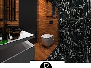 Czarna łazienka w kawalerce, marmur i drewno