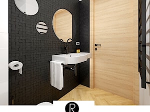 łazienka z prysznicem  czerń biel drewno