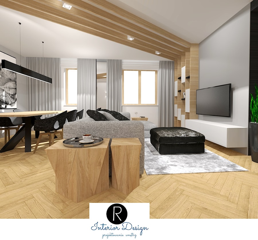 otwarty salon, drewno, czarne dodatki, drewno na suficie, zabudowa, minimalizm - zdjęcie od KATARZYNA ROŻEK R-INTERIOR DESIGN projektowanie wnętrz