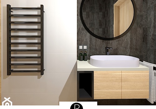 łazienka z prysznicem, elementami drewna. - zdjęcie od KATARZYNA ROŻEK R-INTERIOR DESIGN projektowanie wnętrz