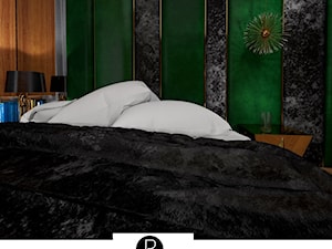 elegancka sypialnia, tapicerowany zagłówek, tapicerowana ściana, aksamitna ściana, zielony aksamit, czarny welur, złote dodatki, - zdjęcie od KATARZYNA ROŻEK R-INTERIOR DESIGN projektowanie wnętrz