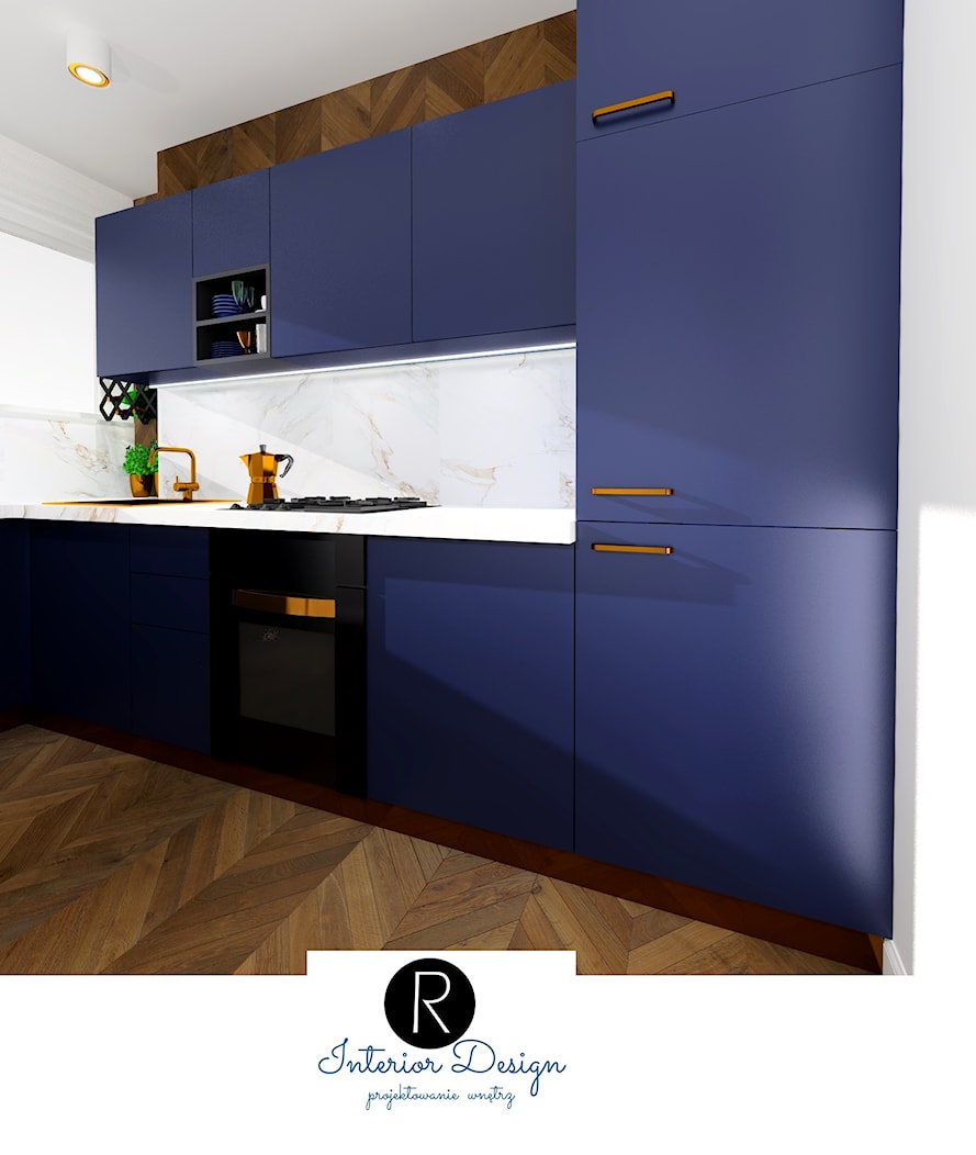 granatowa kuchnia, jodełka francuska, - zdjęcie od KATARZYNA ROŻEK R-INTERIOR DESIGN projektowanie wnętrz - Homebook