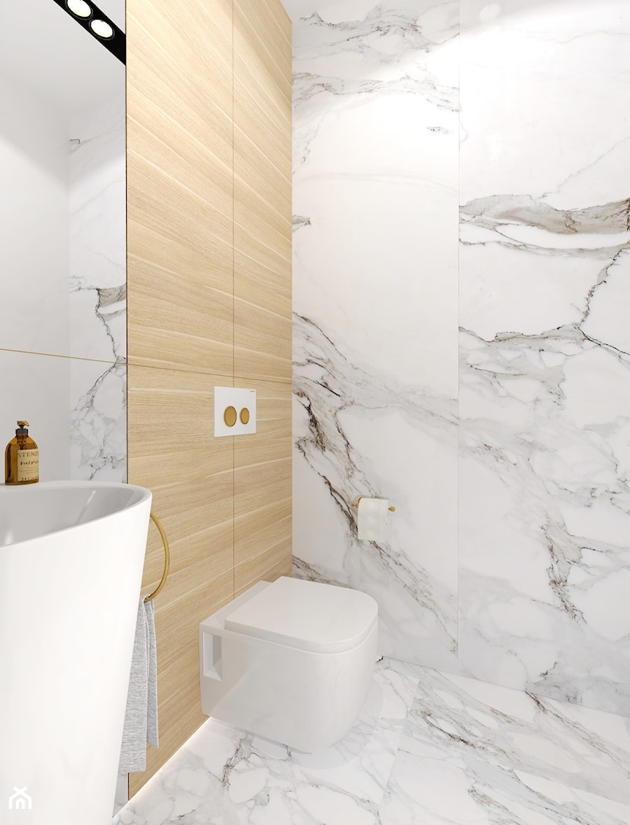 łazienka toaleta gościnna. Calacatta/ carrara i drewno. Elegancka łazienka - zdjęcie od KATARZYNA ROŻEK R-INTERIOR DESIGN projektowanie wnętrz