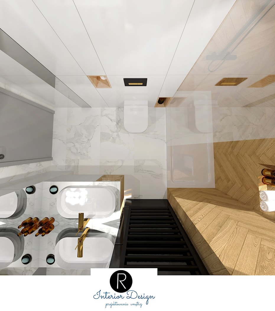 Łazienka z drewnem, caracatta, marmur, drewno, gres imitujący drewno, drewno w łazience, łazienka z prysznicem, łazienka z szafą - zdjęcie od KATARZYNA ROŻEK R-INTERIOR DESIGN projektowanie wnętrz - Homebook