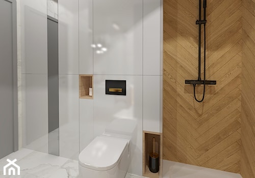 Łazienka z drewnem, caracatta, marmur, drewno, gres imitujący drewno, drewno w łazience, łazienka z prysznicem, łazienka z szafą - zdjęcie od KATARZYNA ROŻEK R-INTERIOR DESIGN projektowanie wnętrz