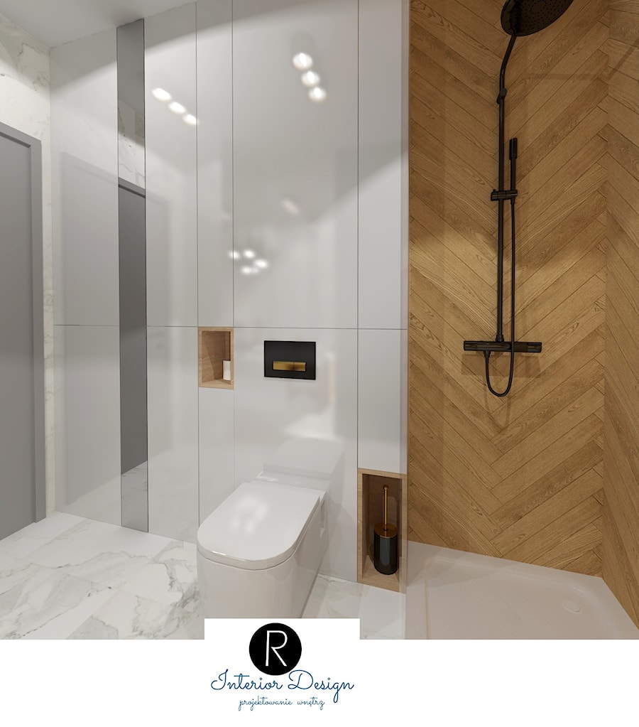 Łazienka z drewnem, caracatta, marmur, drewno, gres imitujący drewno, drewno w łazience, łazienka z ... - zdjęcie od KATARZYNA ROŻEK R-INTERIOR DESIGN projektowanie wnętrz