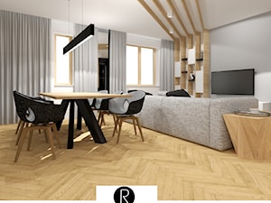 otwarty salon, drewno, czarne dodatki, drewno na suficie, zabudowa, minimalizm - zdjęcie od KATARZYNA ROŻEK R-INTERIOR DESIGN projektowanie wnętrz
