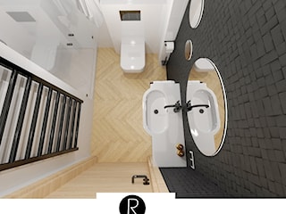 łazienka z prysznicem  czerń biel drewno