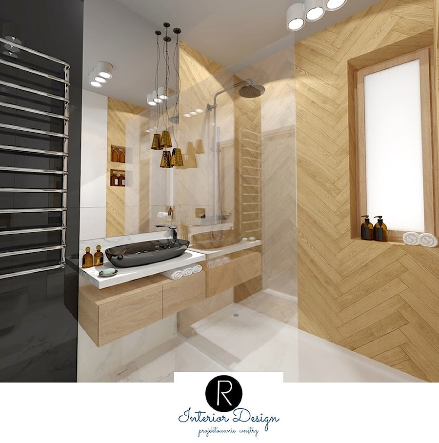 łazienka z prysznicem, drewno, calacatta, czerń i biel - zdjęcie od KATARZYNA ROŻEK R-INTERIOR DESIGN projektowanie wnętrz