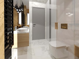 Łazienka z drewnem, caracatta, marmur, drewno, gres imitujący drewno, drewno w łazience, łazienka z prysznicem, łazienka z szafą - zdjęcie od KATARZYNA ROŻEK R-INTERIOR DESIGN projektowanie wnętrz