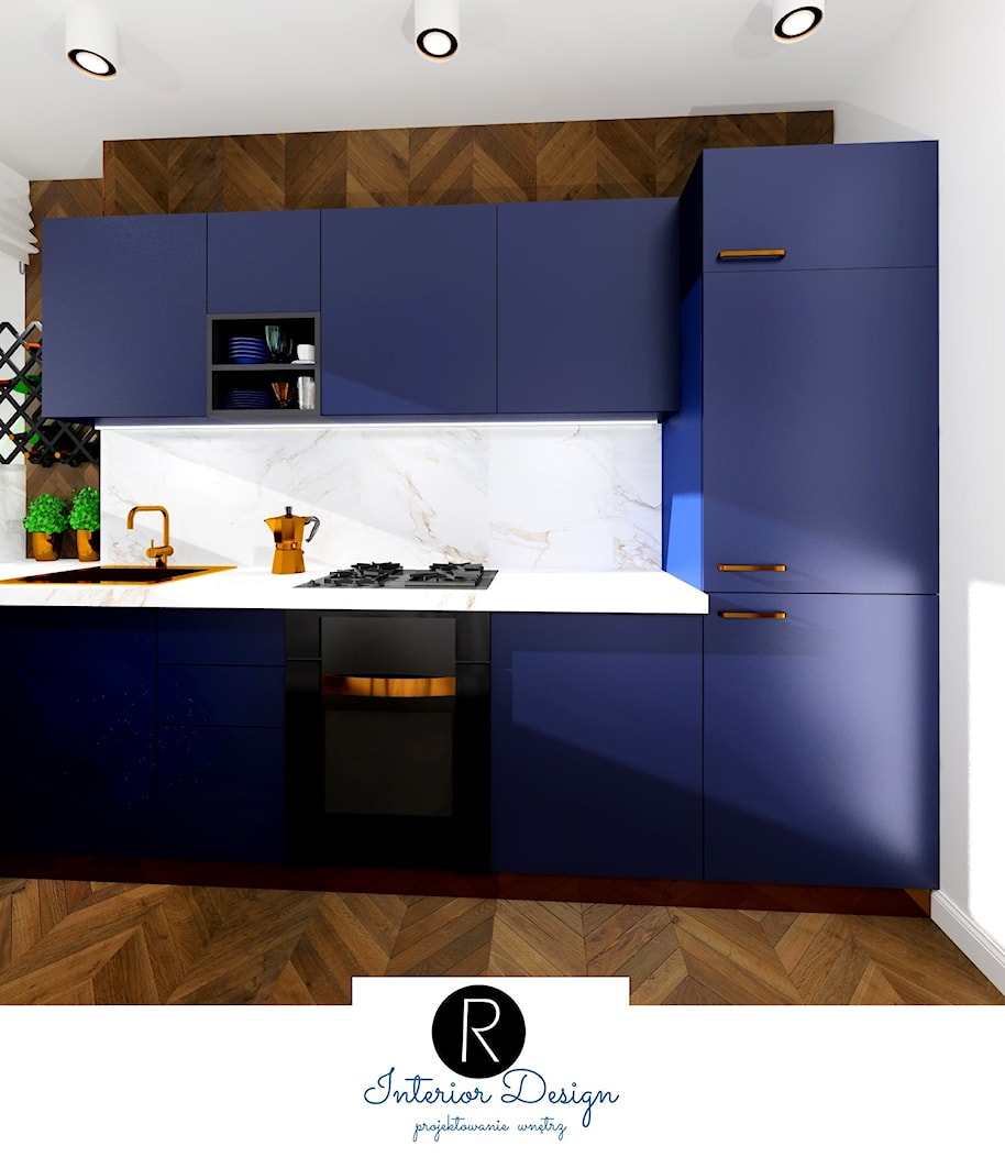 granatowa kuchnia, jodełka francuska, - zdjęcie od KATARZYNA ROŻEK R-INTERIOR DESIGN projektowanie wnętrz - Homebook