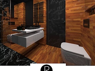 Czarna łazienka w kawalerce, marmur i drewno