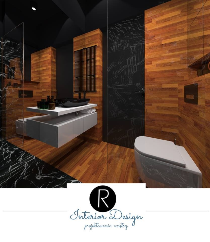 ciemna łazienka, czarna łazienka, mar,ur w łazience, drewno w łazience, lustrzana ściana - zdjęcie od KATARZYNA ROŻEK R-INTERIOR DESIGN projektowanie wnętrz - Homebook