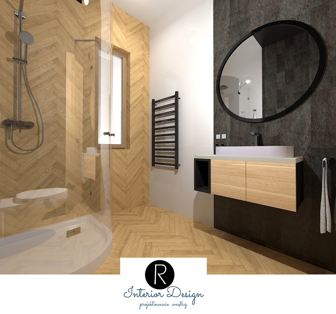 łazienka z prysznicem, elementami drewna. - zdjęcie od KATARZYNA ROŻEK R-INTERIOR DESIGN projektowanie wnętrz - Homebook