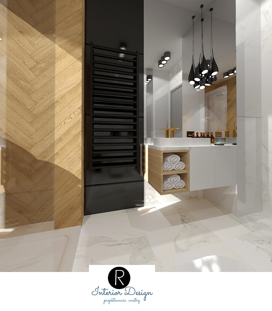 Łazienka z drewnem, caracatta, marmur, drewno, gres imitujący drewno, drewno w łazience, łazienka z prysznicem, łazienka z szafą - zdjęcie od KATARZYNA ROŻEK R-INTERIOR DESIGN projektowanie wnętrz - Homebook
