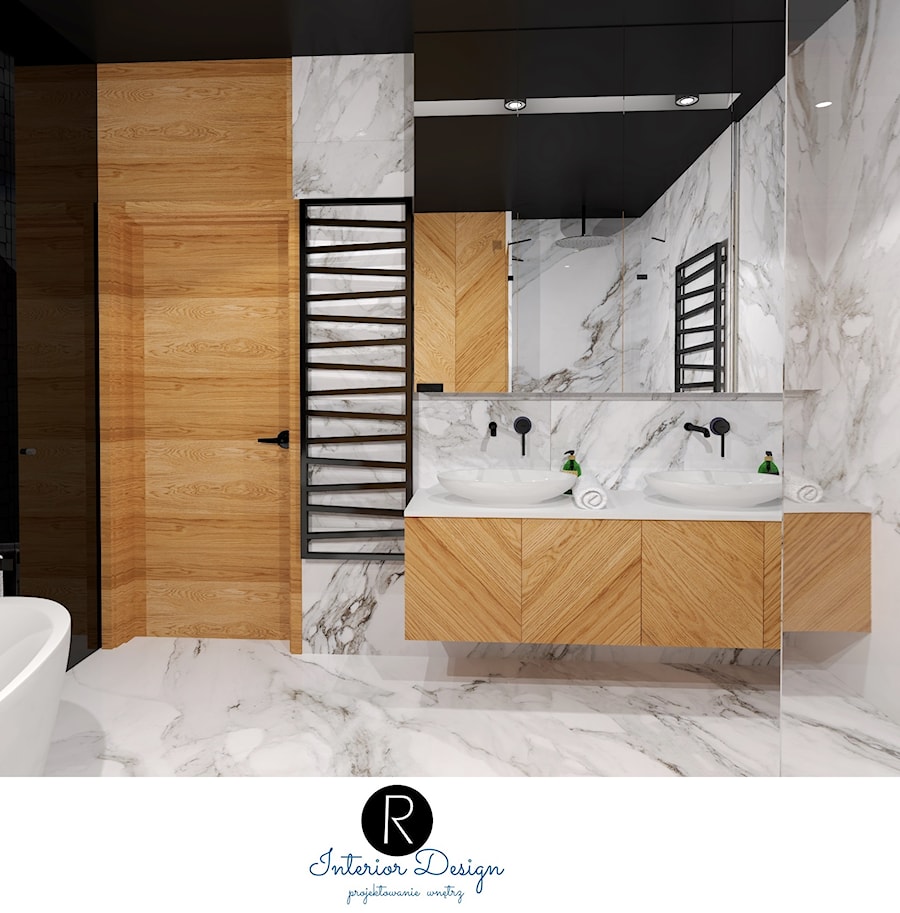 łazienka calacatta + drewno - zdjęcie od KATARZYNA ROŻEK R-INTERIOR DESIGN projektowanie wnętrz