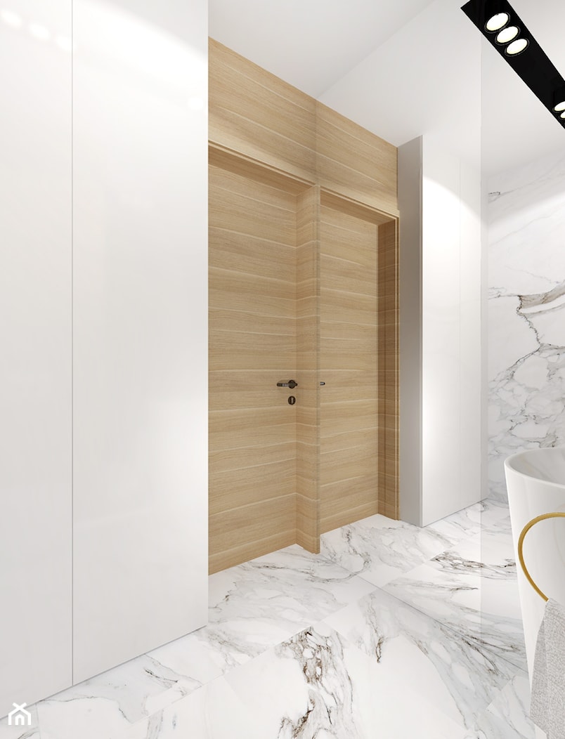 łazienka toaleta gościnna. Calacatta/ carrara i drewno. Elegancka łazienka - zdjęcie od KATARZYNA ROŻEK R-INTERIOR DESIGN projektowanie wnętrz - Homebook