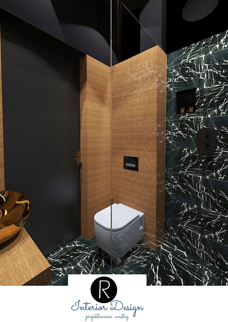czarna łazienka, marmur i drewno - zdjęcie od KATARZYNA ROŻEK R-INTERIOR DESIGN projektowanie wnętrz - Homebook