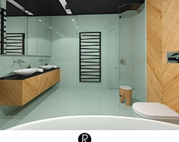 Funkcjonalna miętowa, pastelowa łazienka z wanna wolnostojąca i prysznicem z deszczownicą. Miętowa ... - zdjęcie od KATARZYNA ROŻEK R-INTERIOR DESIGN projektowanie wnętrz - Homebook